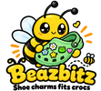 Beazbitz bee holding a green clog, with the words Shoe charms fits crocs