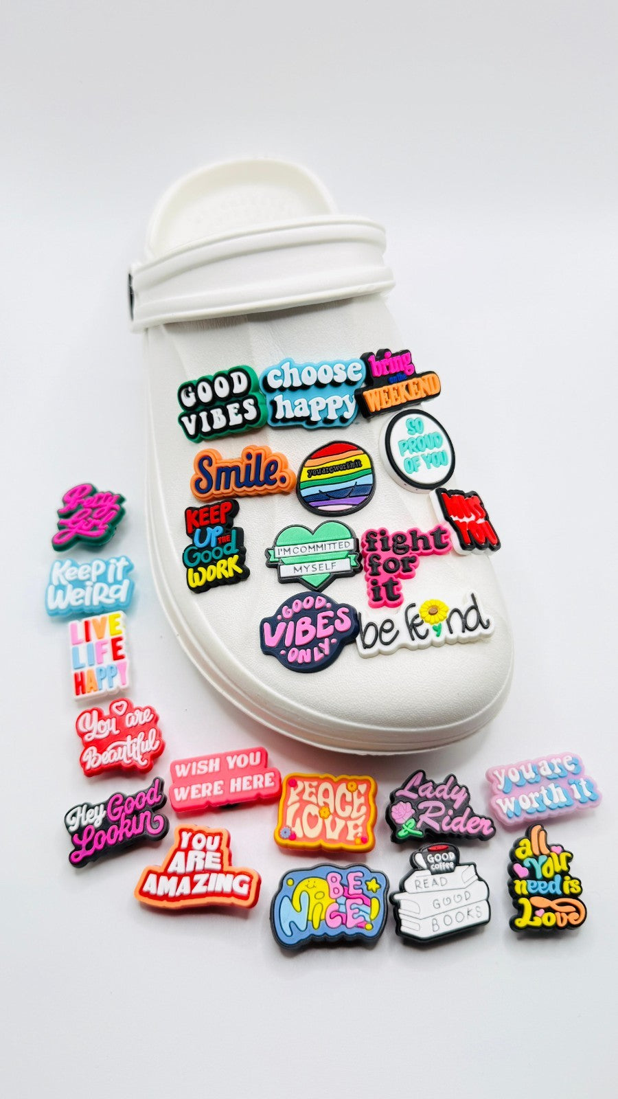 Positive Messages shoe charms, set of 25, for Crocs-style clogs