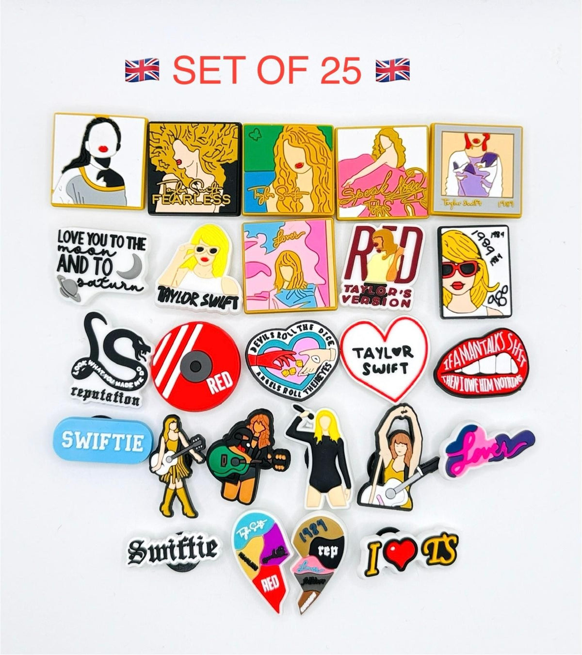Taylor Swiftie Cover shoe charms, set of 25, for Crocs-style clogs