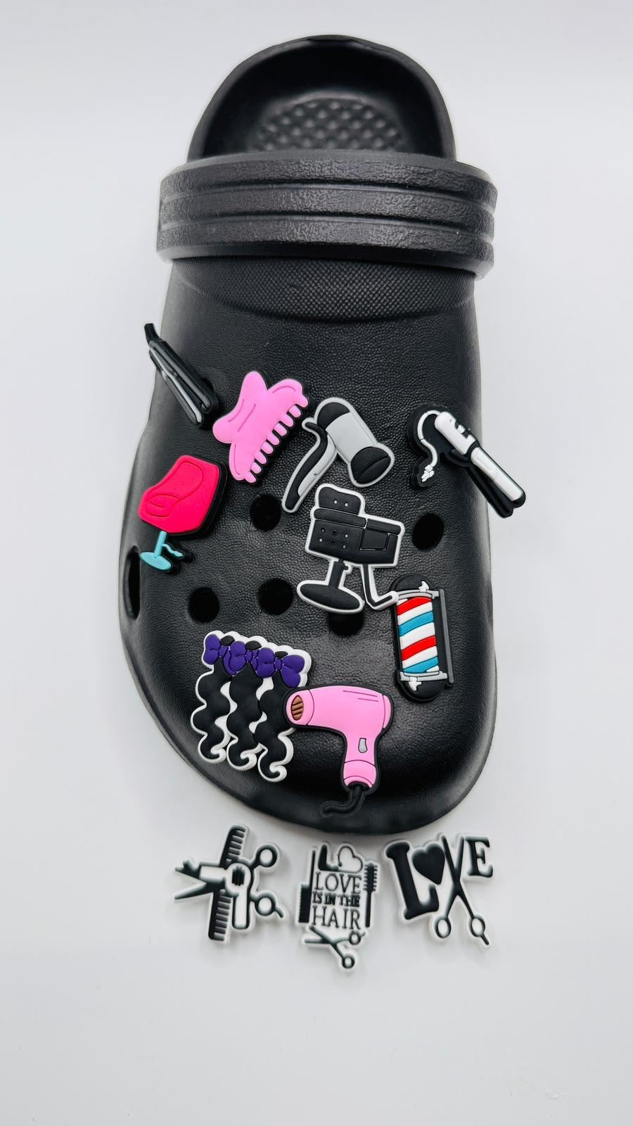 Hairdressing shoe charms, set of 12, for Crocs-style clogs