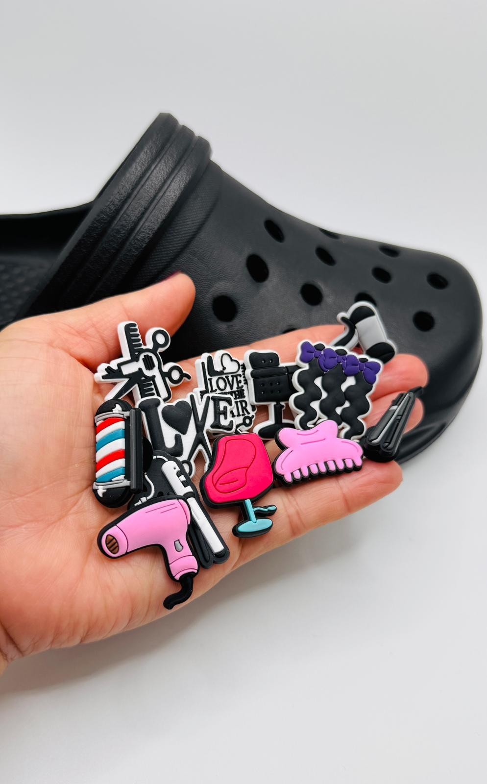 Hairdressing shoe charms, set of 12, for Crocs-style clogs