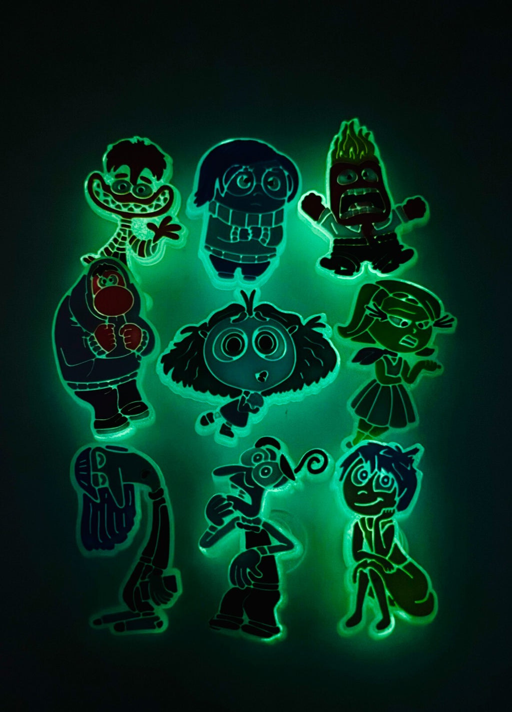 Inside Out Glow in the Dark shoe charms, set of 9, for Crocs-style clogs