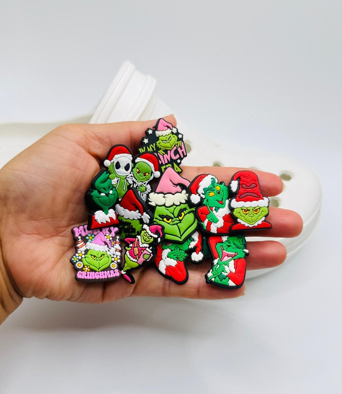 Christmas Grinch shoe charms, set of 12, for Crocs-style clogs