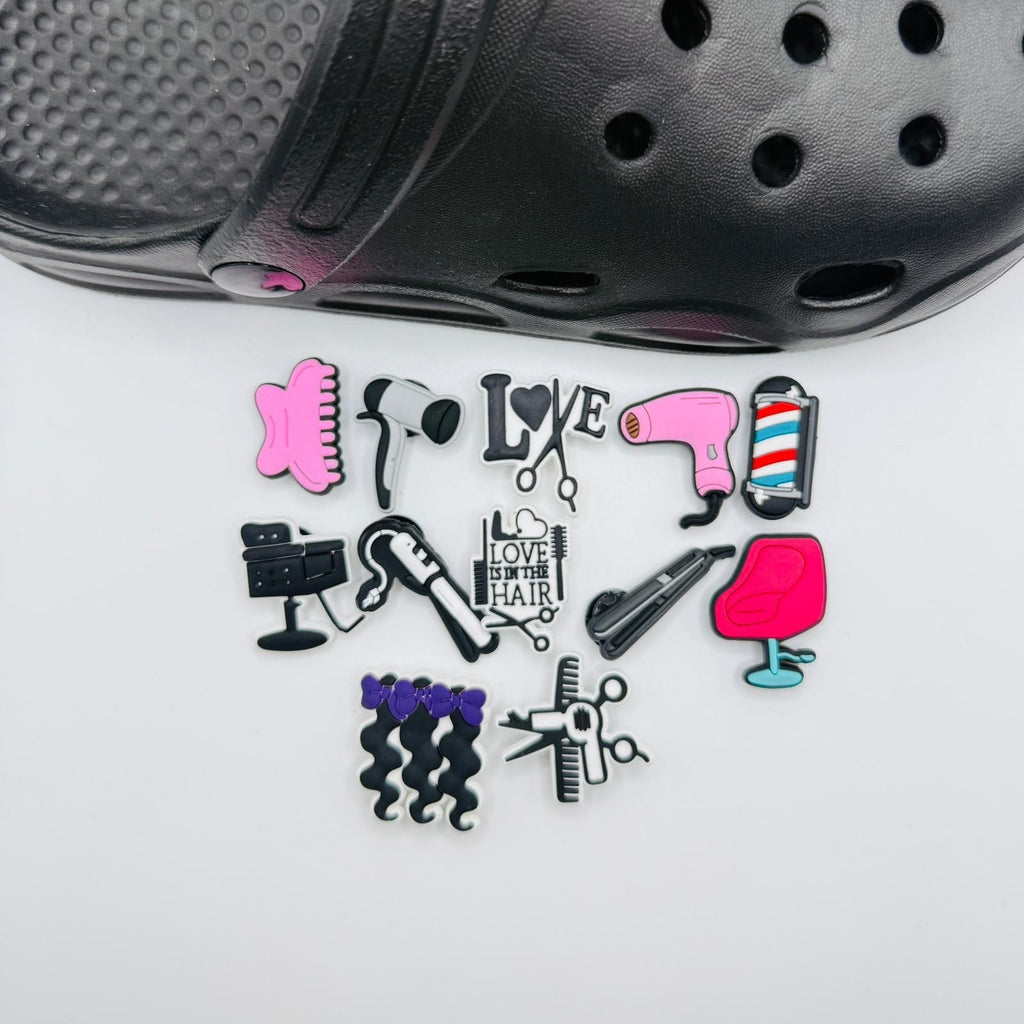 Hairdressing shoe charms, set of 12, for Crocs-style clogs