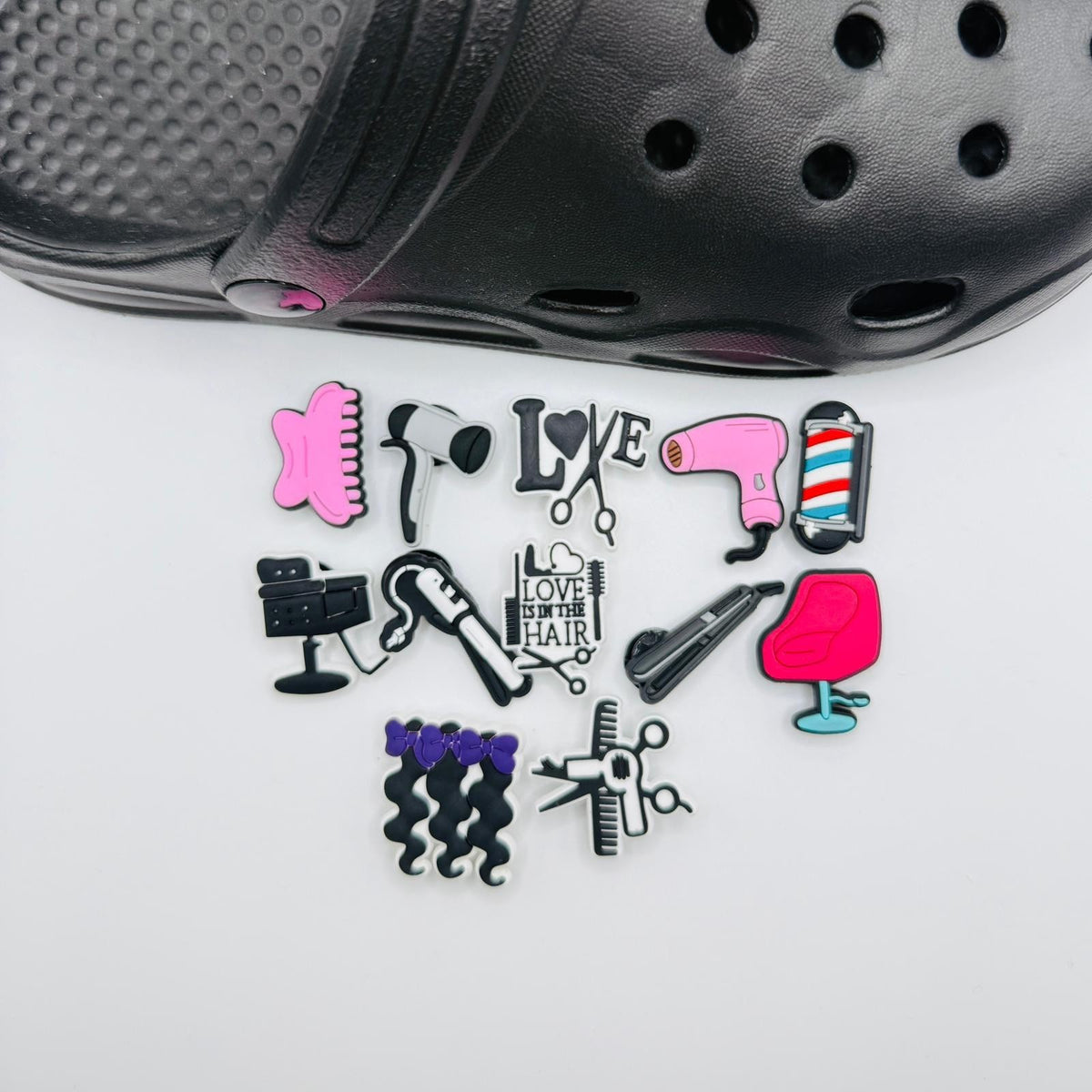 Hairdressing shoe charms, set of 12, for Crocs-style clogs