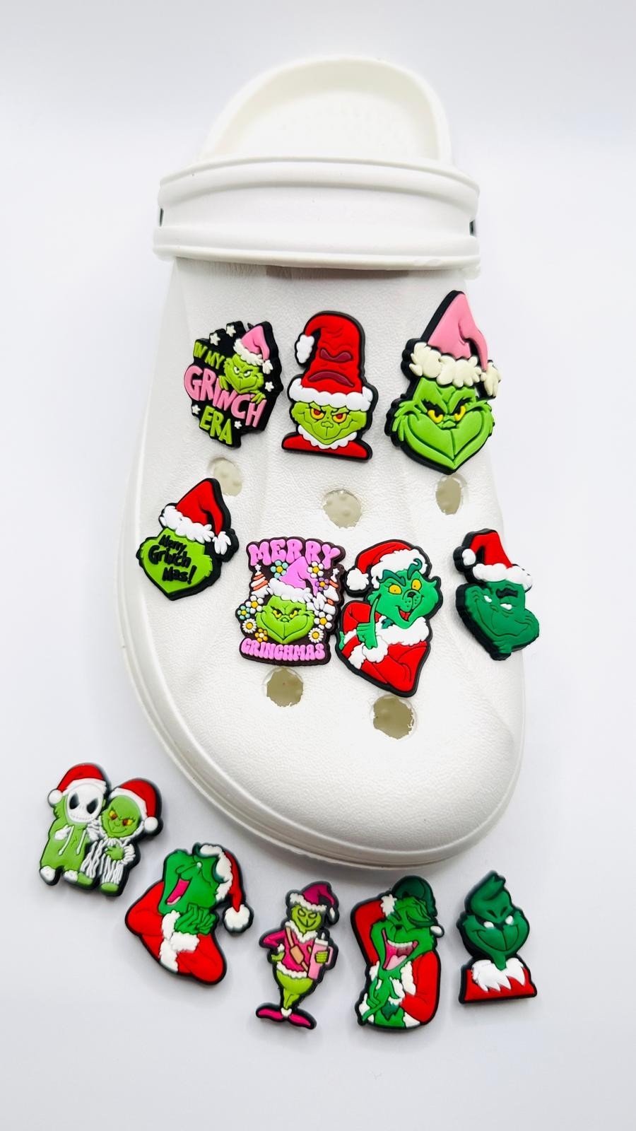 Christmas Grinch shoe charms, set of 12, for Crocs-style clogs