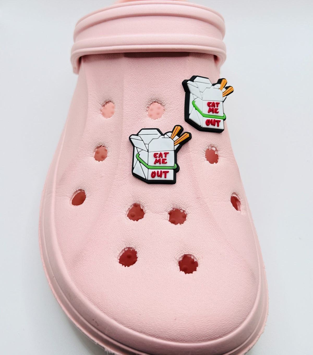 Eat Me Out shoe charms, set of 2, for Crocs-style clogs