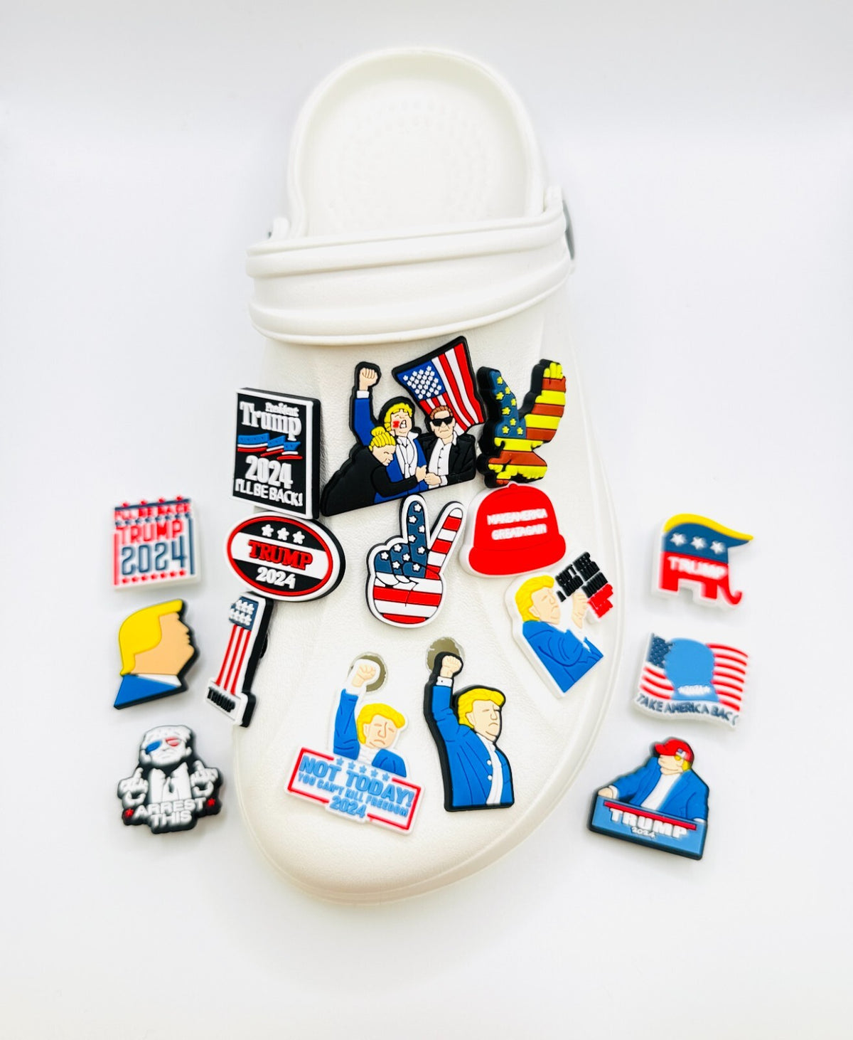 Trump shoe charms, set of 16, for Crocs-style clogs