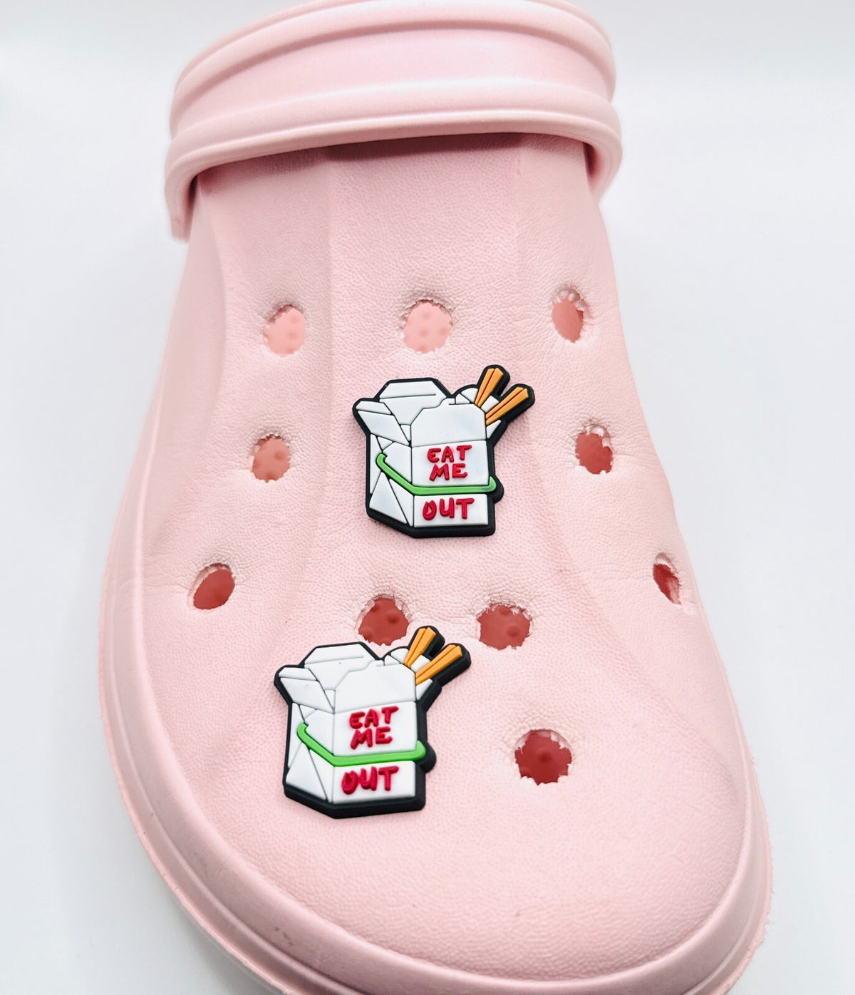 Eat Me Out shoe charms, set of 2, for Crocs-style clogs