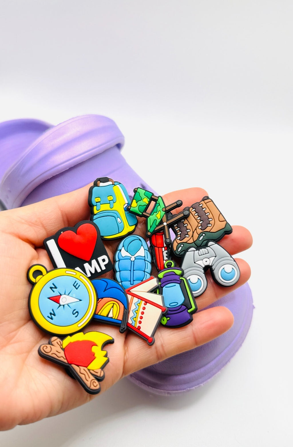 Camping shoe charms, set of 12, for Crocs-style clogs