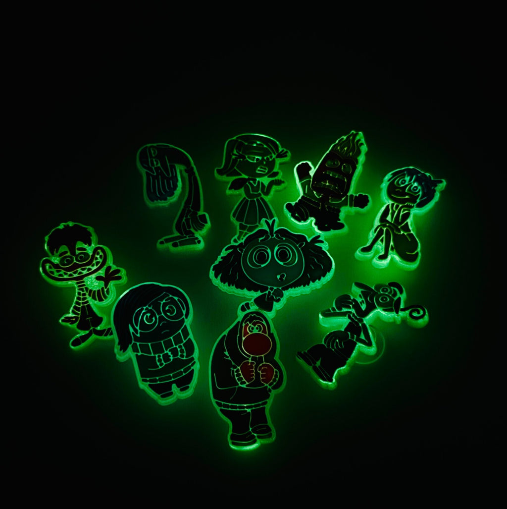 Inside Out Glow in the Dark shoe charms, set of 9, for Crocs-style clogs
