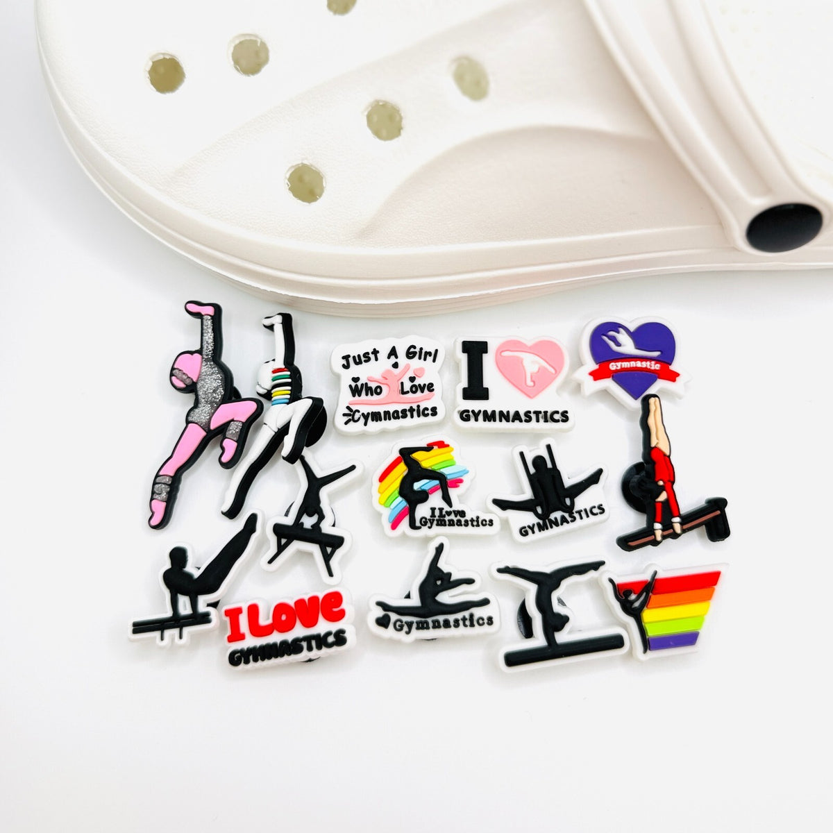 Gymnastics shoe charms, set of 13, for Crocs-style clogs