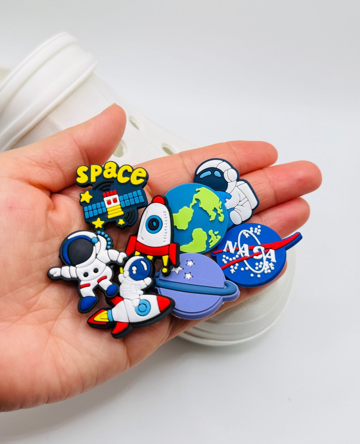 Space shoe charms, set of 8, for Crocs-style clogs