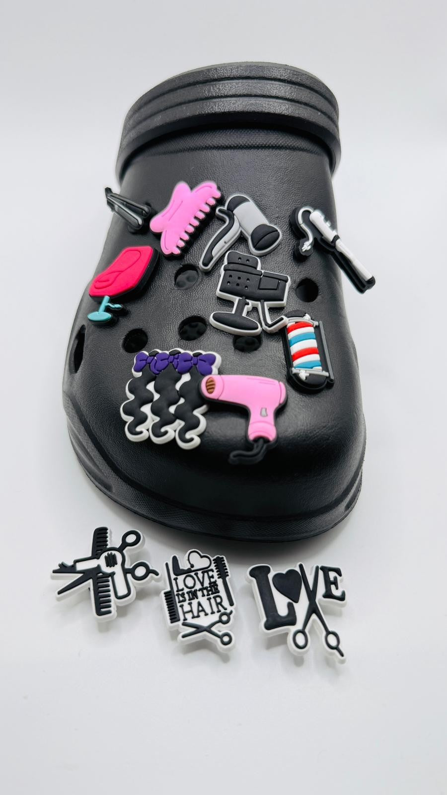 Hairdressing shoe charms, set of 12, for Crocs-style clogs