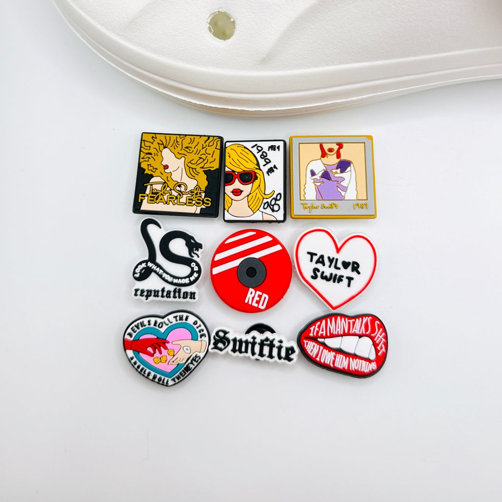 Taylor Swiftie shoe charms, set of 9, for Crocs-style clogs