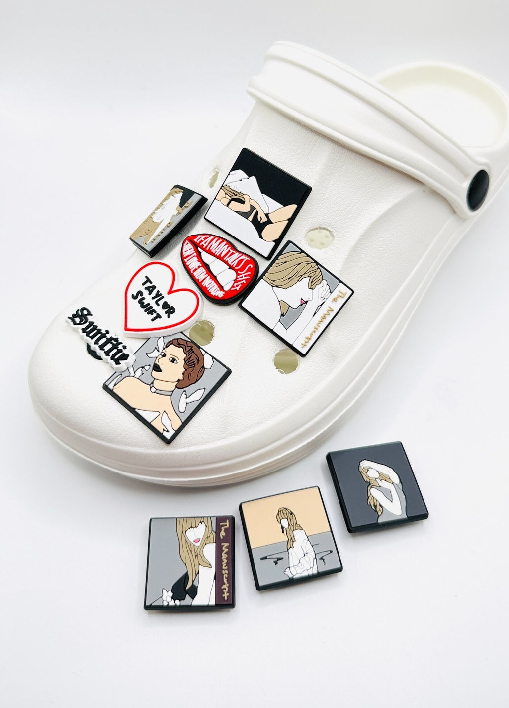 Taylor Swiftie, Portrait and Album Art,  shoe charms, set of 10, for Crocs-style clogs
