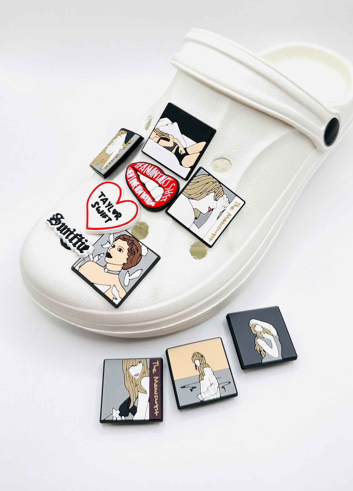 Taylor Swiftie, Portrait and Album Art,  shoe charms, set of 10, for Crocs-style clogs