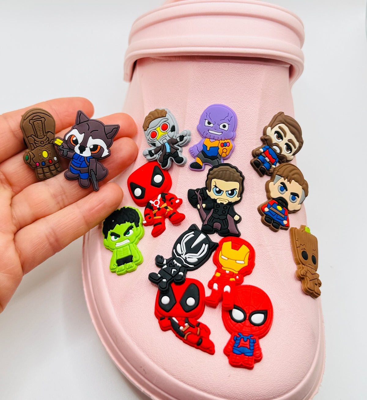 Superheroes shoe charms, set of 14, for Crocs-style clogs