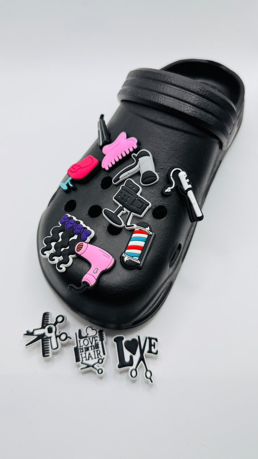 Hairdressing shoe charms, set of 12, for Crocs-style clogs