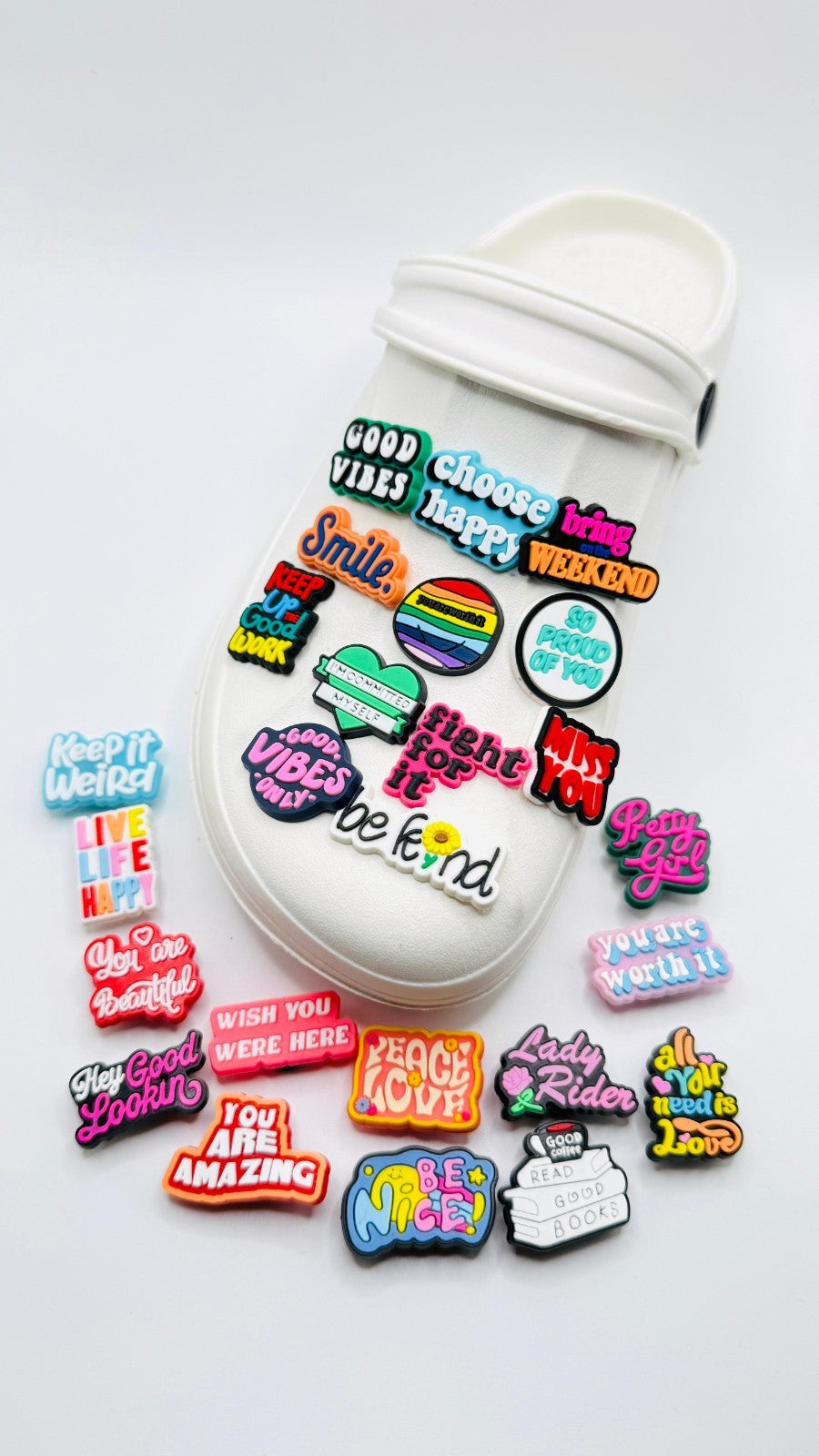 Positive Messages shoe charms, set of 25, for Crocs-style clogs