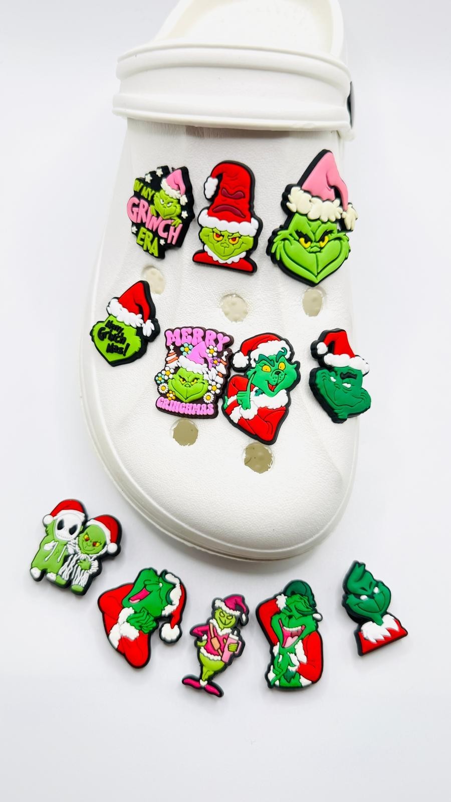 Christmas Grinch shoe charms, set of 12, for Crocs-style clogs