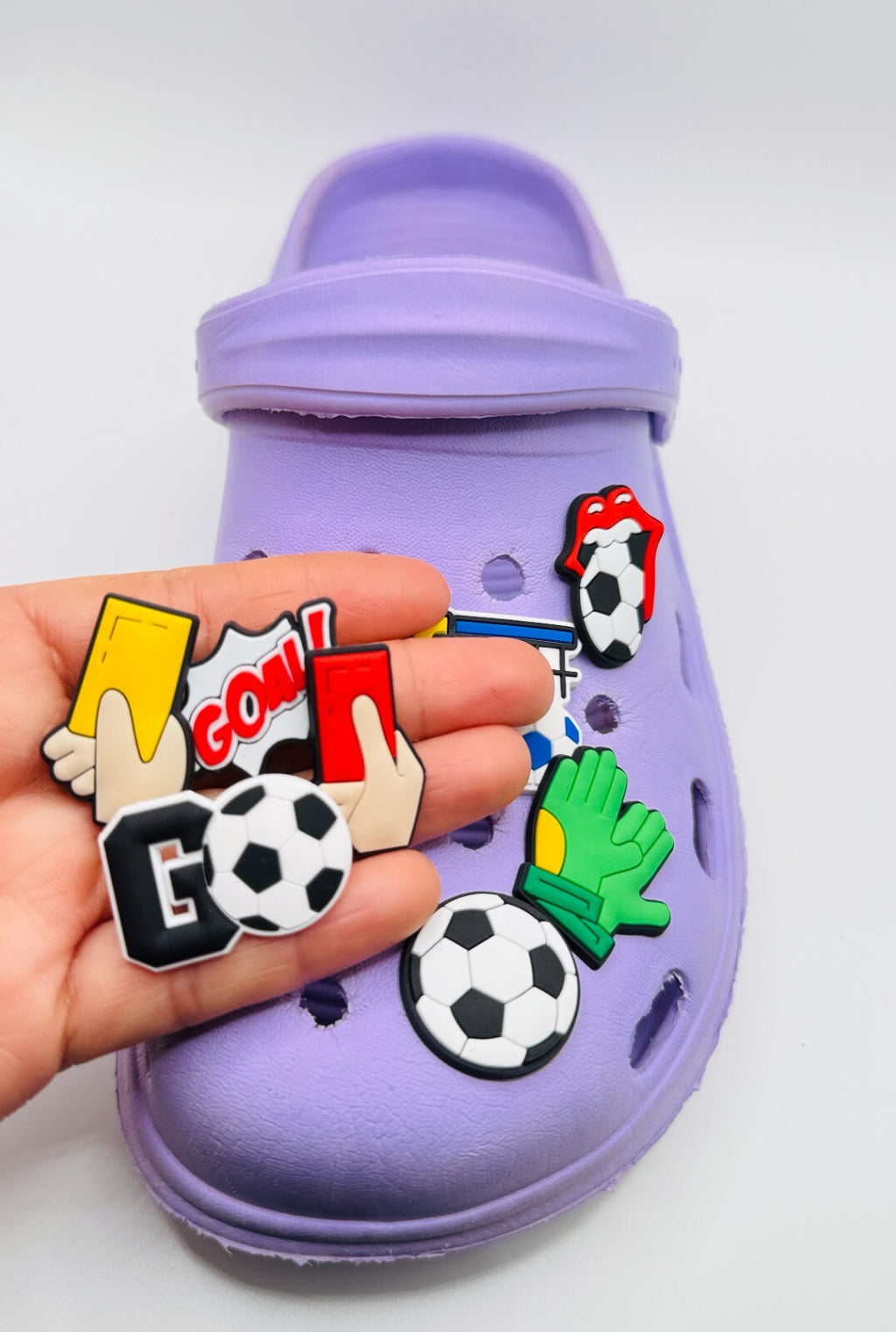Football shoe charms, set of 8, for Crocs-style clogs