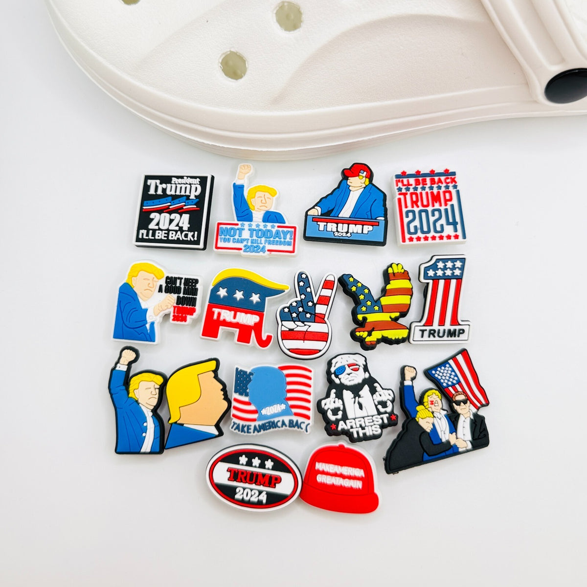 Trump shoe charms, set of 16, for Crocs-style clogs