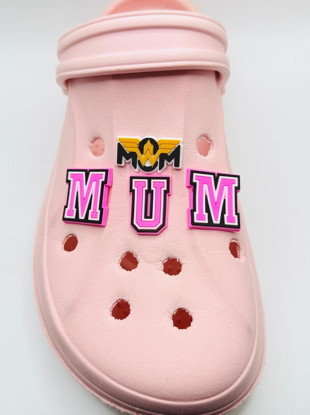 Mum Mother's Day, Pink MUM Lettering,  shoe charms, set of 4, for Crocs-style clogs