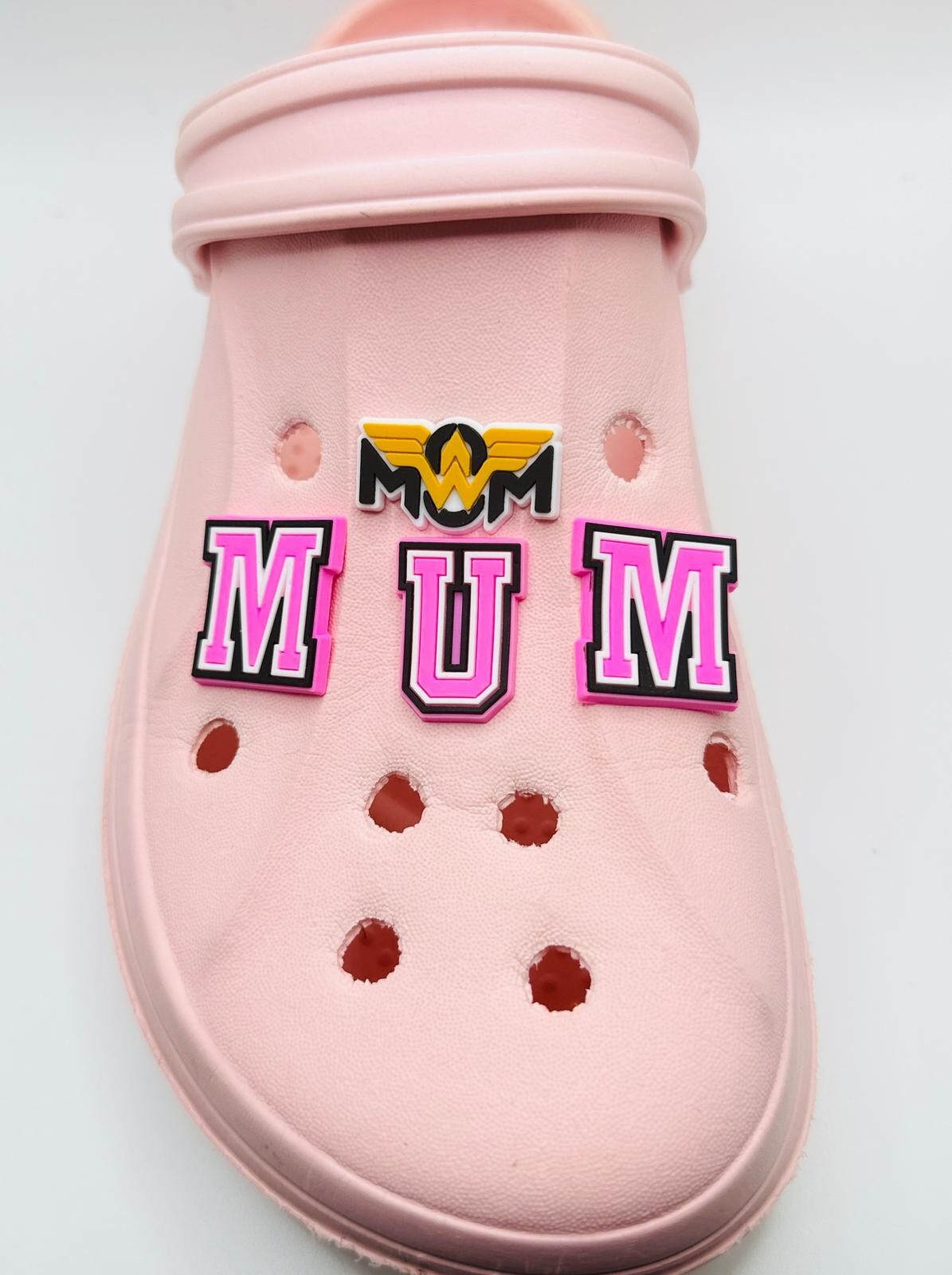 Mum Mother's Day, Pink MUM Lettering,  shoe charms, set of 4, for Crocs-style clogs