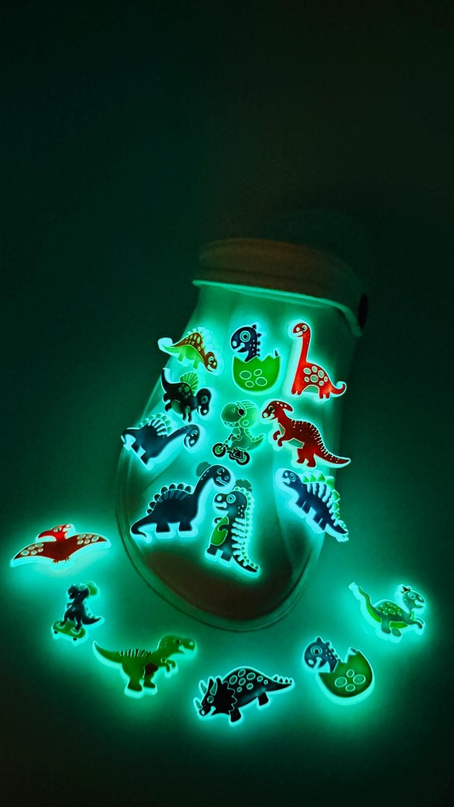 Dinosaurs Glow in the Dark shoe charms, set of 16, for Crocs-style clogs