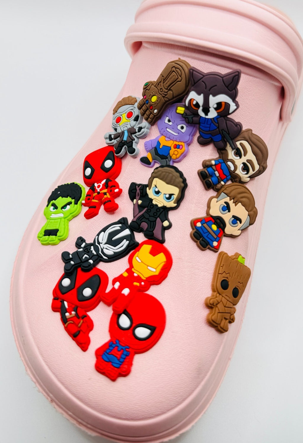 Superheroes shoe charms, set of 14, for Crocs-style clogs
