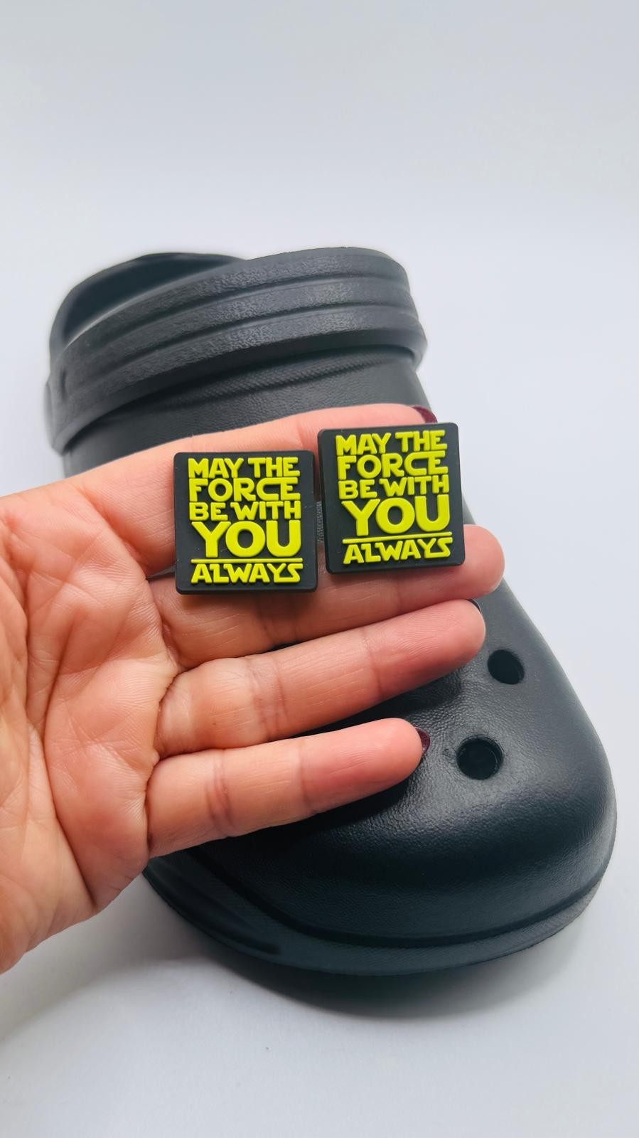Star Wars, May the Force Quote,  shoe charms, set of 2, for Crocs-style clogs