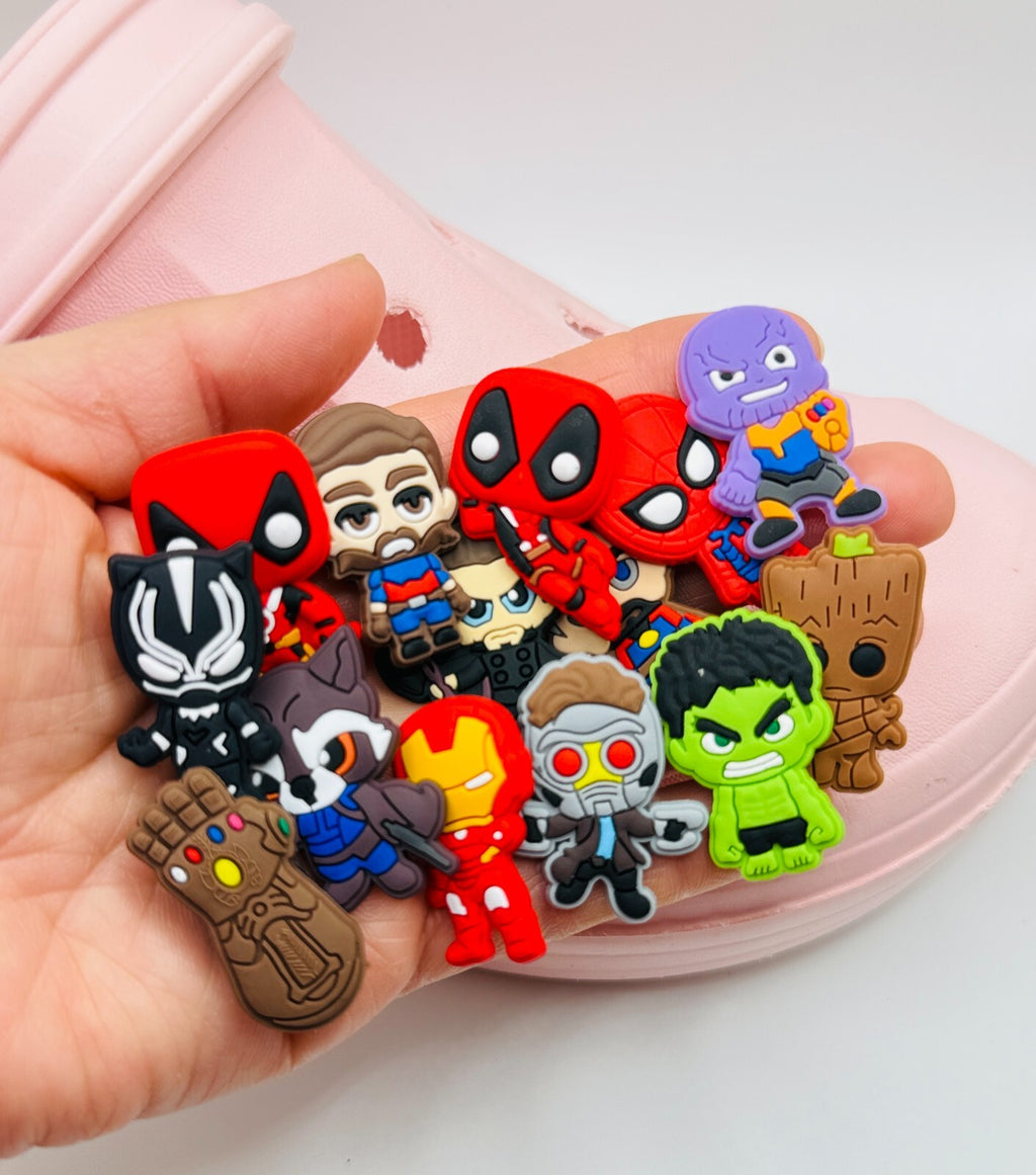 Superheroes shoe charms, set of 14, for Crocs-style clogs