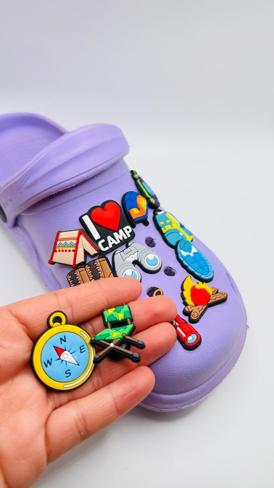 Camping shoe charms, set of 12, for Crocs-style clogs