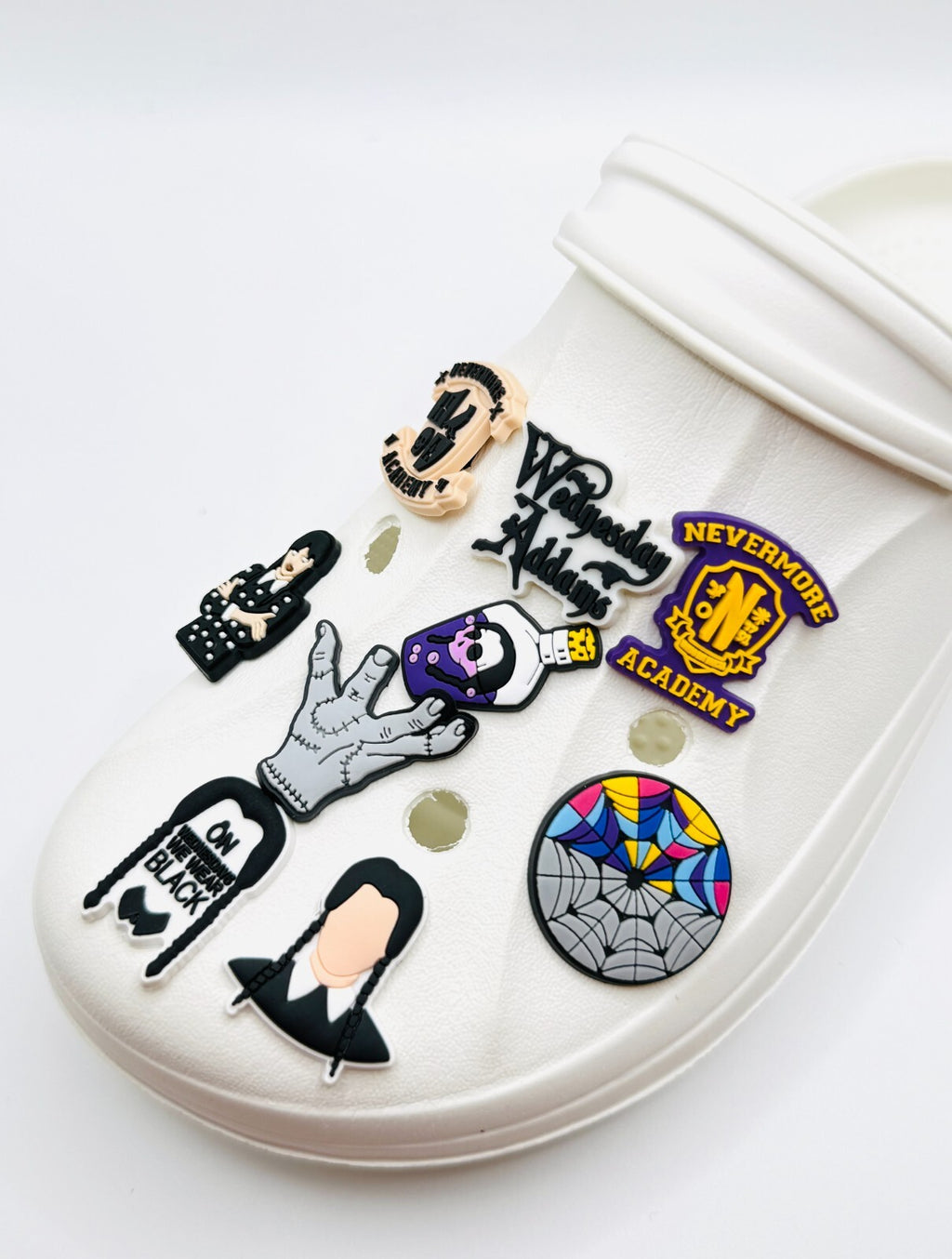 Wednesday shoe charms, set of 9, for Crocs-style clogs