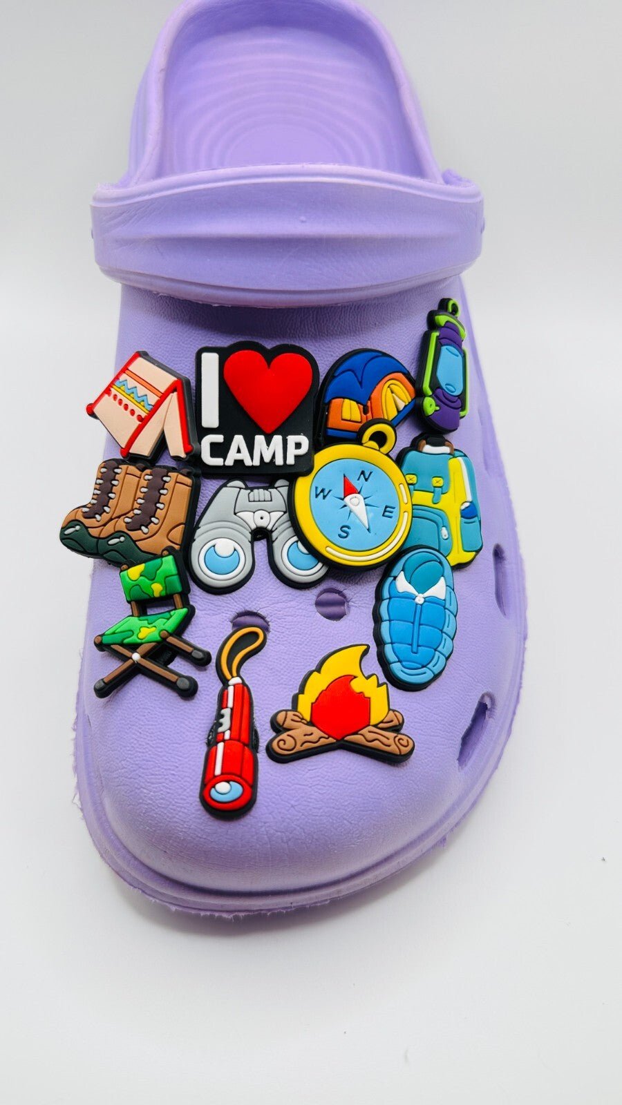 Camping shoe charms, set of 12, for Crocs-style clogs