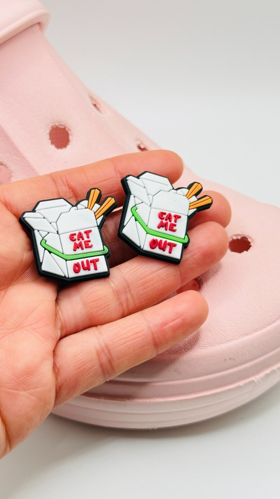 Eat Me Out shoe charms, set of 2, for Crocs-style clogs