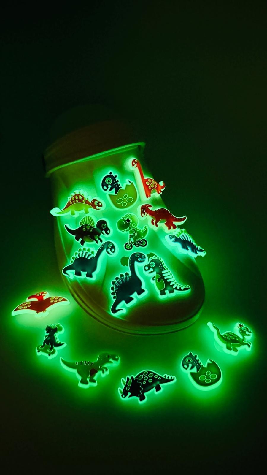 Dinosaurs Glow in the Dark shoe charms, set of 16, for Crocs-style clogs