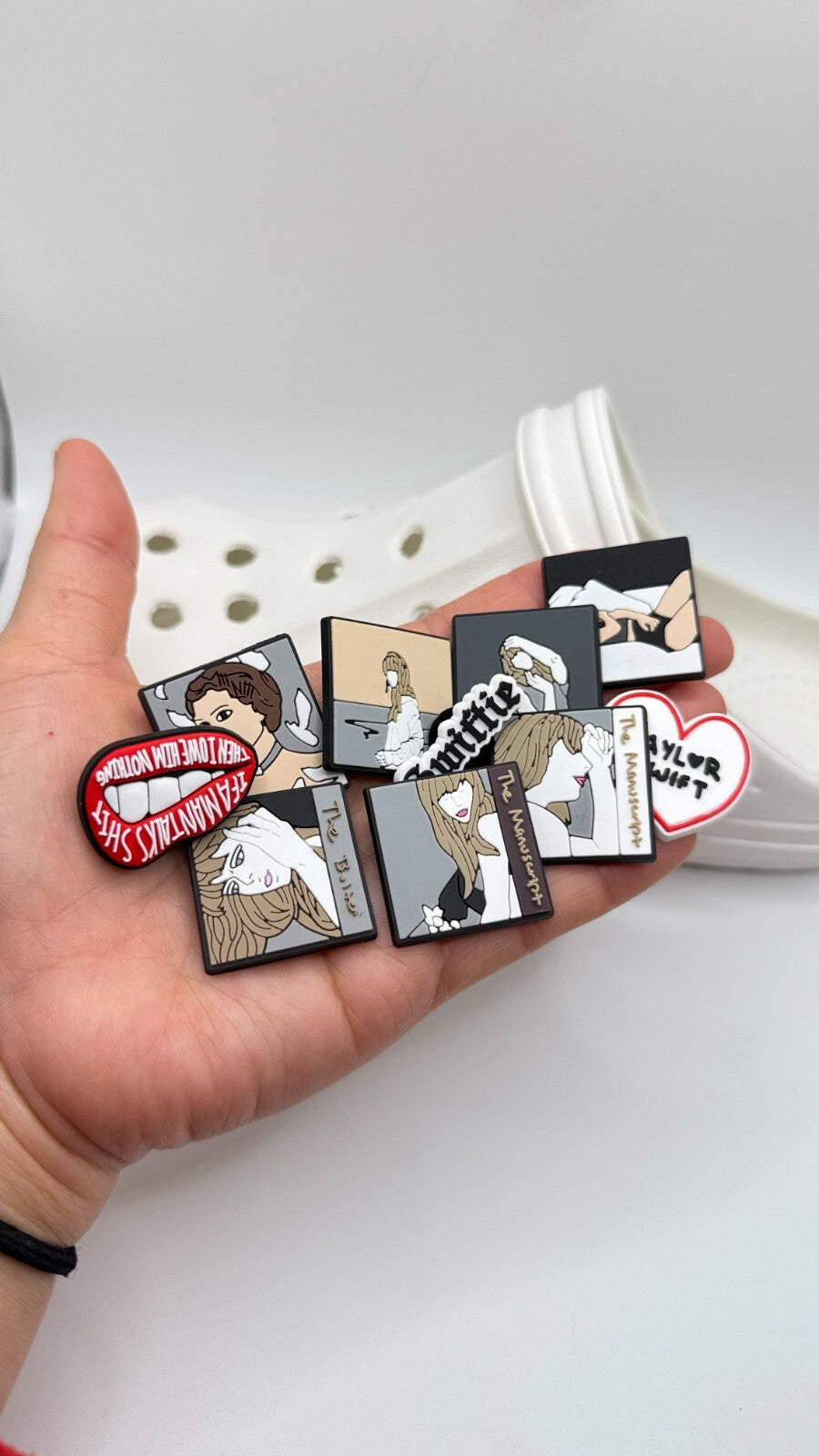 Taylor Swiftie, Portrait and Album Art,  shoe charms, set of 10, for Crocs-style clogs