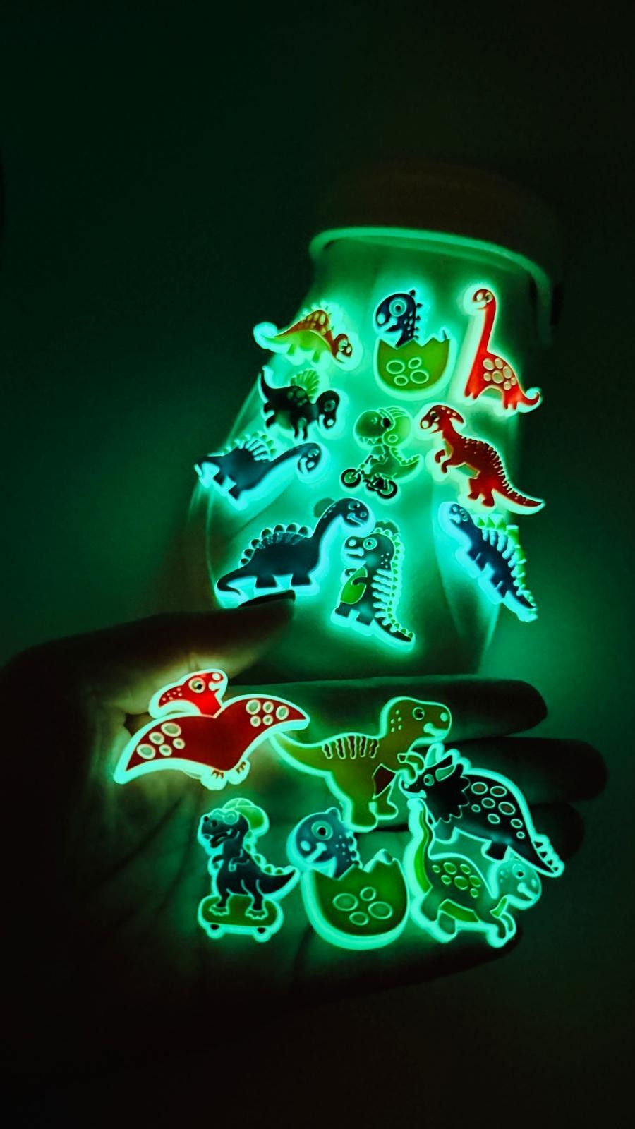 Dinosaurs Glow in the Dark shoe charms, set of 16, for Crocs-style clogs