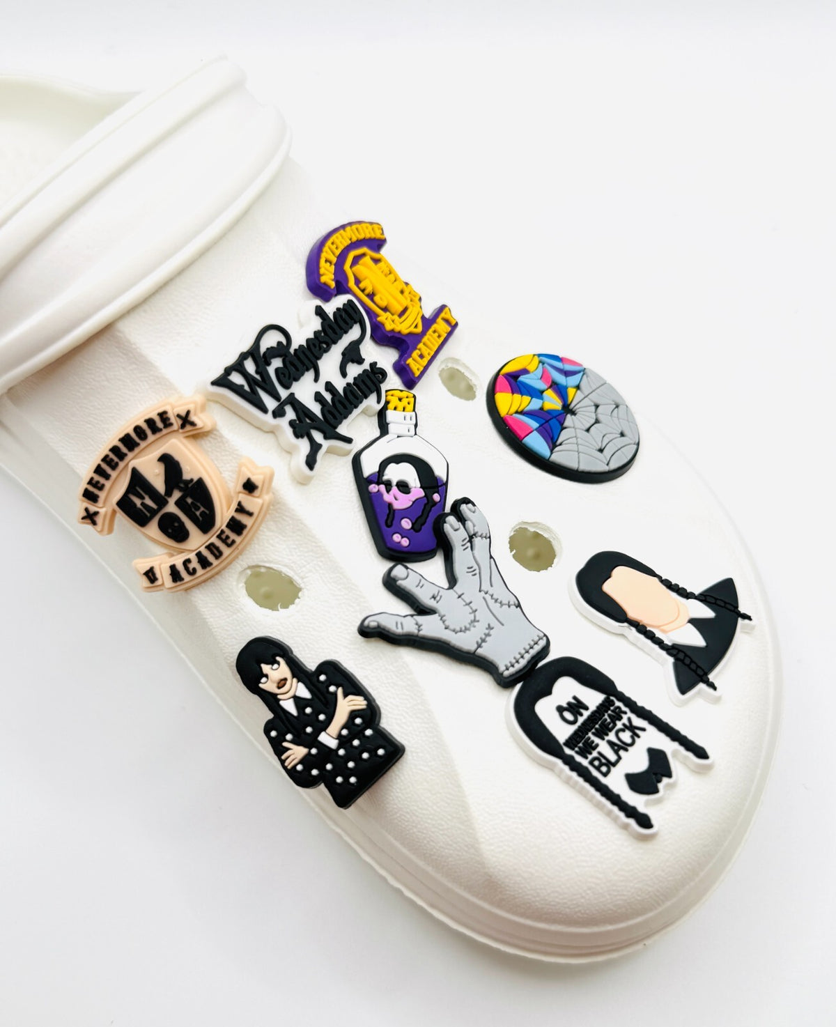 Wednesday shoe charms, set of 9, for Crocs-style clogs