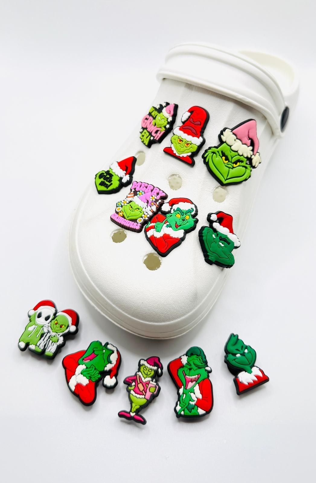 Christmas Grinch shoe charms, set of 12, for Crocs-style clogs