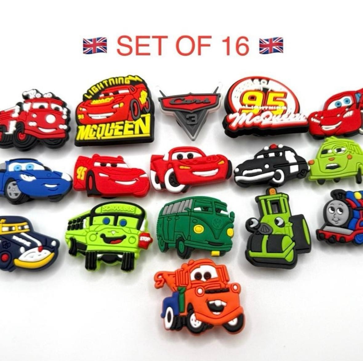 Cartoon Cars shoe charms, set of 16, for Crocs-style clogs