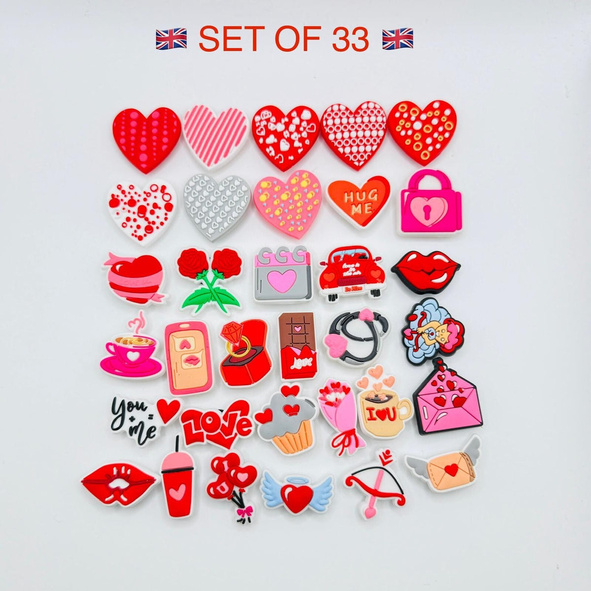 Hearts Love shoe charms, set of 33, for Crocs-style clogs
