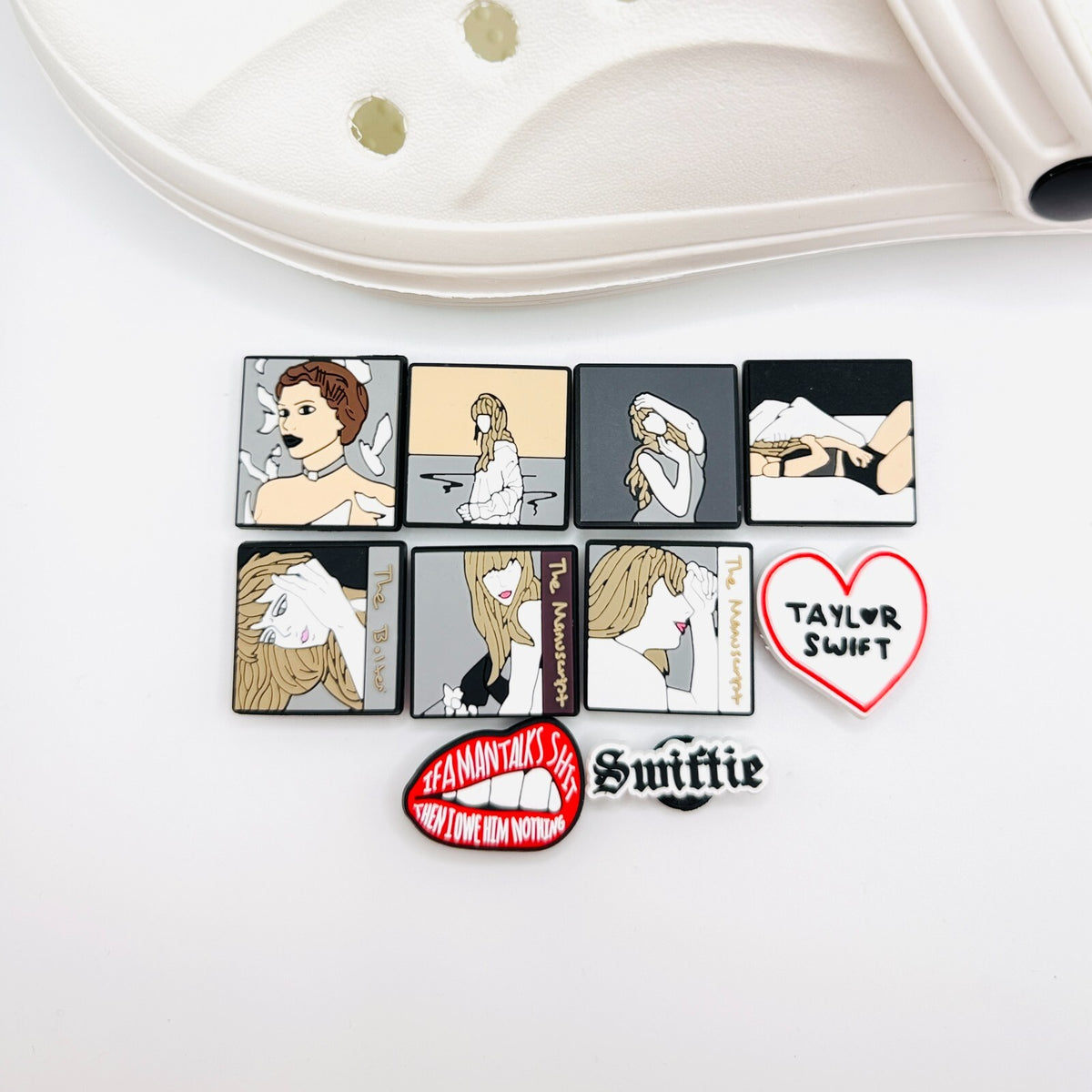 Taylor Swiftie, Portrait and Album Art,  shoe charms, set of 10, for Crocs-style clogs