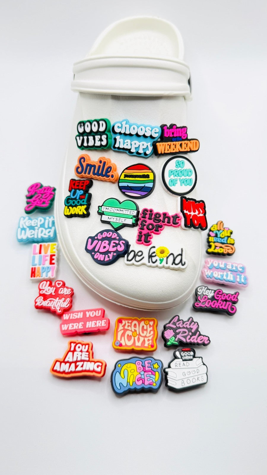 Positive Messages shoe charms, set of 25, for Crocs-style clogs