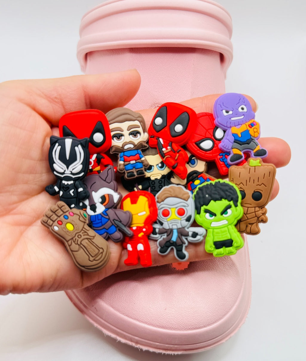 Superheroes shoe charms, set of 14, for Crocs-style clogs
