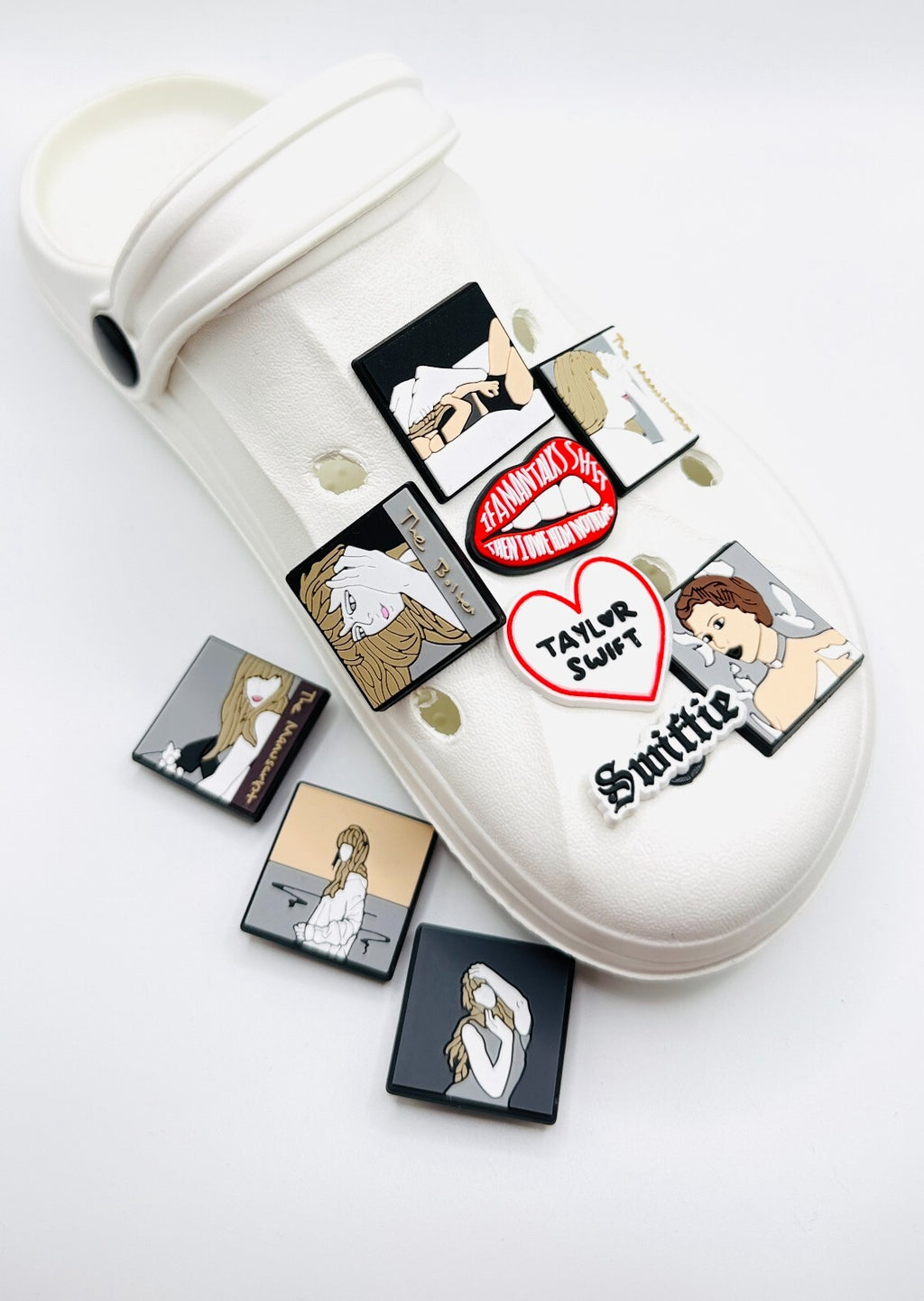 Taylor Swiftie, Portrait and Album Art,  shoe charms, set of 10, for Crocs-style clogs